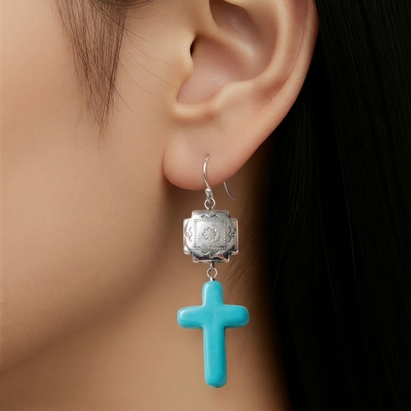 Western Style Cross Semi Stone Turquoise Dangle Earrings - Picture 2 of 6